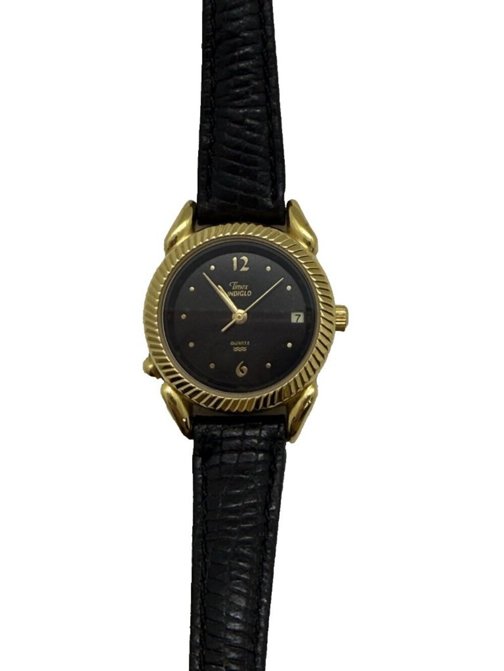 Timex Indiglo Women's Quartz Watch Gold Tone Case Black Leather Band Face Date